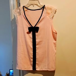 Pastel Pink & Black Bow Top with Lace Sleeves